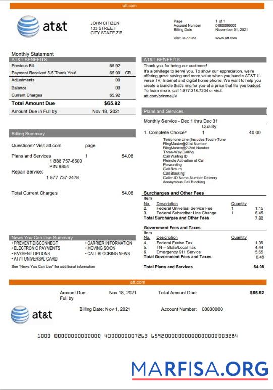 Printable USA Texas AT&T telecommunications utility bill template in Word and PDF format